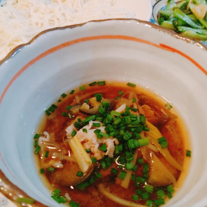 素麺で！コク旨！豚バラ茄子つけ麺☆